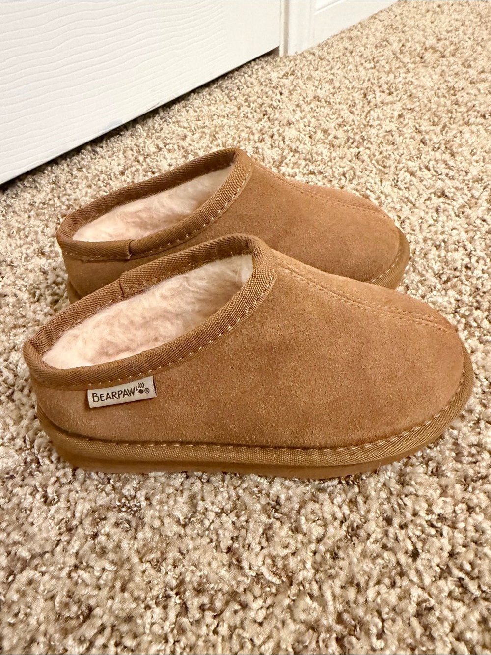 BearPaw Kids Chestnut Brown Suede Shearling Slip-On Slippers Size 12